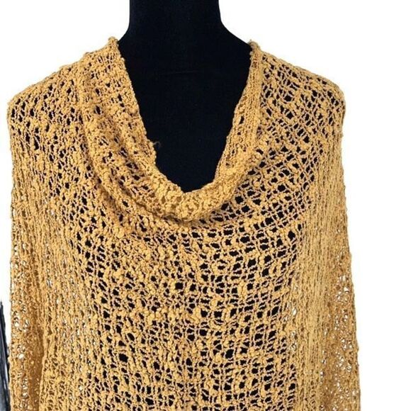 Mercantile Women's Crochet Open Poncho Sweater Cowl Neck Yellow One Size NWT - Picture 2 of 5